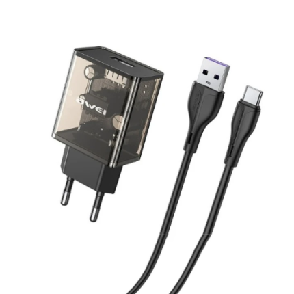 European plug USB wall charger with transparent casing and a USB-A to USB-C charging cable