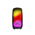 JBL portable Bluetooth speaker with rainbow LED lights, standing upright on a white background.