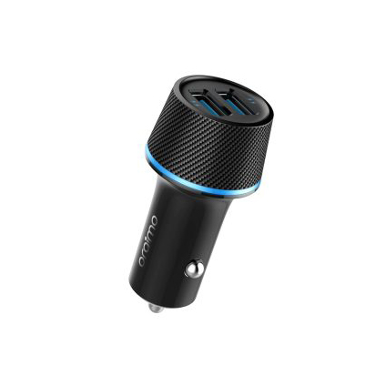 Car USB charger for a cigarette lighter socket with two ports and a blue ring light (angled view)