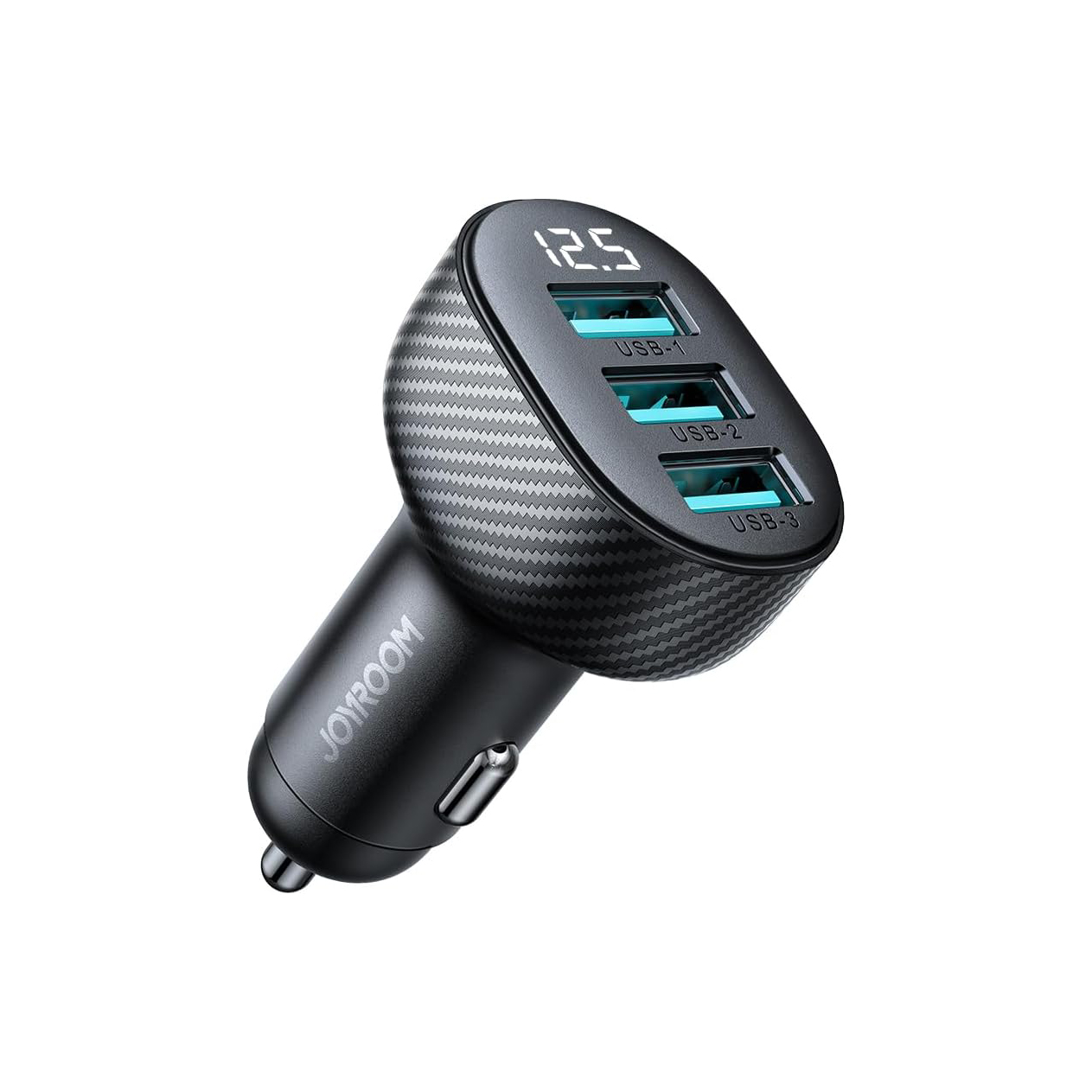 HEAD - PRIME TECH Car USB car charger with a carbon-fiber finish and three USB-A ports labeled USB-1 to USB-3, plus a small voltage display showing 12.5V