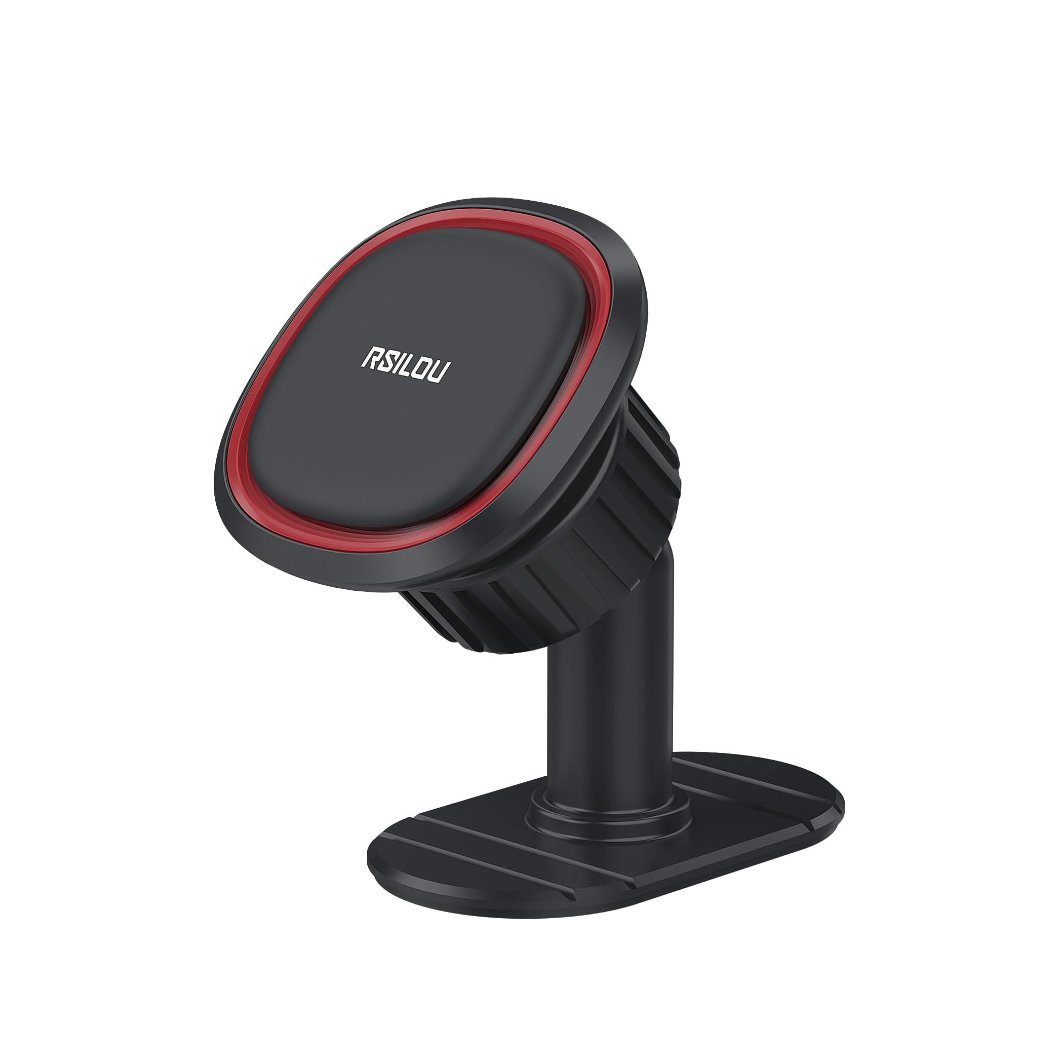 HEAD - PRIME TECH Close-up of a black adjustable stand featuring a gray circular head with a red inner ring and textured grip, showing base and stem.