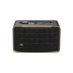 Black JBL portable Bluetooth speaker with a grid front and gold trim, shown from the side/top view with control knobs on top.