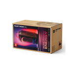 Boxed JBL PartyBox 130 packaging showing a glowing speaker with the phrase 'Pure Party Energy' on a colorful label on the side of the box in a white studio setting.