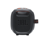 JBL compact portable Bluetooth speaker with a textured front grill and side strap with orange accents on a dark body