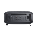Rugged portable speaker with a front control panel featuring knobs for mic, guitar, bass and mood lighting, with side handles and orange trim.