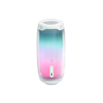 Tall pastel gradient device from pink bottom to teal top with a white top, mesh grille, and three control buttons around the edge; USB-C port at the base.