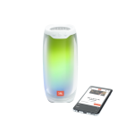 JBL portable Bluetooth speaker with a white top and green-to-blue gradient body, shown with a nearby smartphone displaying a JBL signup page.