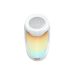 Portable white Bluetooth speaker with a circular grille on top and a pastel rainbow LED glow from its translucent body