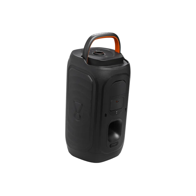 Black rugged portable Bluetooth speaker with an orange carrying handle and front control panel in view.