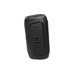 Rugged black portable Bluetooth speaker with textured front panel and circular top controls, angled to the side