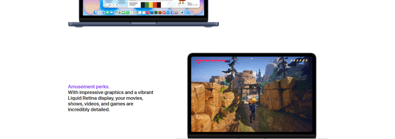 Marketing hero: two laptops with vivid screens; left text reads 'Amusement perks' about graphics and a Liquid Retina display.