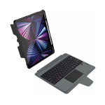 Tablet in a rugged protective case attached to a detachable keyboard with touchpad, shown at an angle as a 2-in-1 setup.