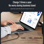 Product promo: tablet attached to a keyboard on a desk, highlighting long battery life—100h non-backlight, 14h backlight, 500mAh (charging up to 3x).
