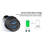 Close-up of a black carbon-fiber USB car charger with two blue USB-C ports and the headline 'QC3.0 & PE2.0 Quick Charge' visible nearby.
