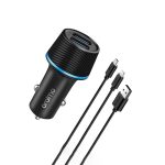 In-car USB charger with two ports and three attached charging cables (Orimo brand).