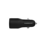 Black Powerology car charger viewed from the side, a slim cylindrical cigarette-lighter adapter with metal contact pins on the side.