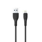 Black USB-A to Lightning charging cable shown with connectors side by side, for Apple devices