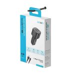 Packaging for a PAWA solid car charger with dual USB ports on a white and blue box