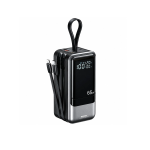 Remax 65W portable power bank with black and silver body and fold-out USB cables on the side. The front shows a digital display.