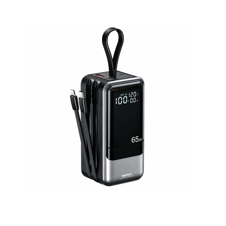 Remax 65W portable power bank with black and silver body and fold-out USB cables on the side. The front shows a digital display.