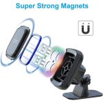 Exploded view of a magnetic car phone mount showing strong magnets, cradle components, and a suction base.