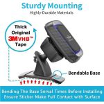 Infographic of a car phone mount with a bendable base and thick 3M VHB tape, showing how to install for sturdy mounting.