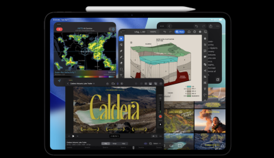 Tablet with several overlapping app windows showing a radar map, a geological diagram, and a Caldera documentary poster.