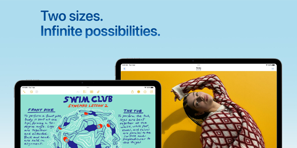 Two devices (tablet and laptop) show content; headline 'Two sizes. Infinite possibilities.' illustrates responsive design.