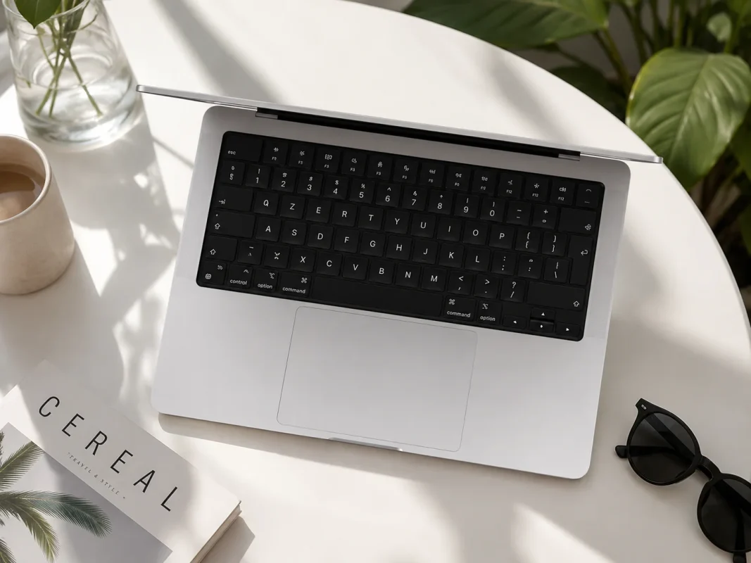 Top-down view of an open laptop on a white table, with a mug, sunglasses, a glass vase with greenery, and a magazine beside it.