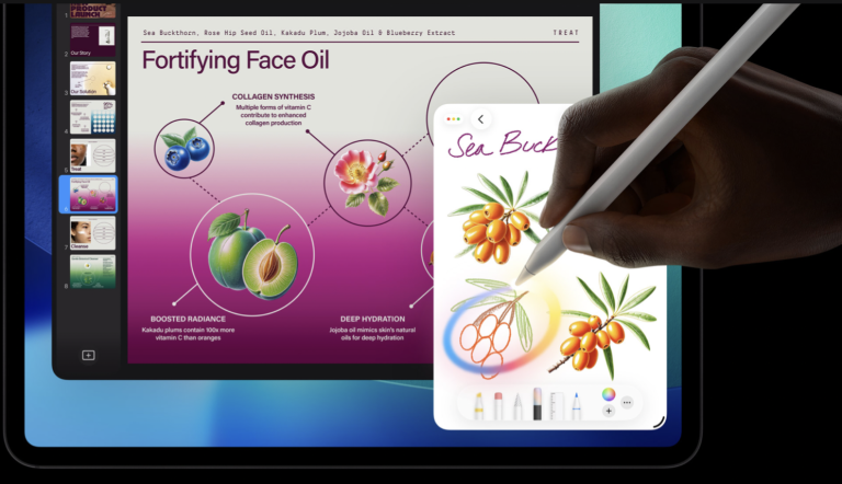 Tablet screen shows a slide titled 'Fortifying Face Oil' with fruit diagrams; a hand with a stylus sketches on a floating sea buckthorn card.