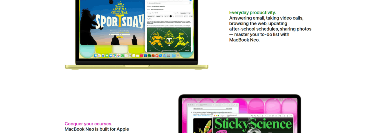 Marketing collage of MacBook Neo laptops with vibrant screens and bold green/magenta headings about productivity and studying.