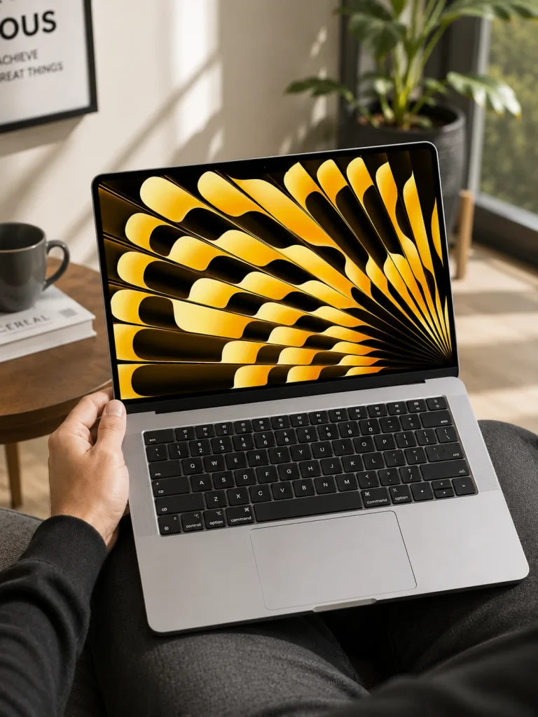 Person holds an open laptop on their lap, screen displays a yellow and black abstract pattern in a cozy living room.