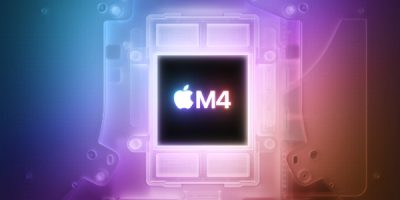Apple M4 chip centered on a glowing multicolor circuit background.