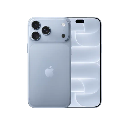 Light blue iPhone with triple-camera system and Apple logo on back, front display showing a rounded notch area at top right.
