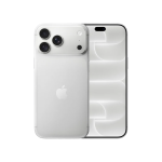 Silver iPhone with three rear cameras and Apple logo, shown from the back with the front screen visible to the side.