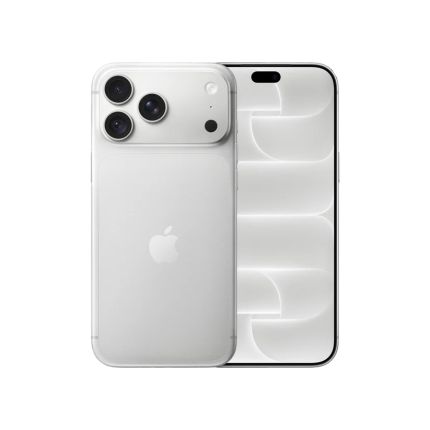 Silver iPhone with three rear cameras and Apple logo, shown from the back with the front screen visible to the side.