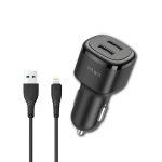Dual-port car charger with two cables (USB-A and Lightning) for in-car charging, showing a black adapter with a cigarette-lighter plug and a mounted USB port on top.