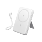 White wireless charging pad with a braided cable and a fold-out stand, shown at an angled side view.