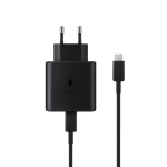 Black wall charger with two round European plugs and a USB-C charging cable attached.