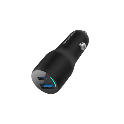 Black car charger with two USB ports (USB-C and USB-A) for charging devices in a vehicle viewpoints, with a blue indicator light.