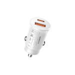White car charger with two orange USB ports for in-car device charging (dual port).
