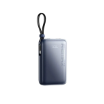 Slim blue-gray power bank with a black wrist strap looped at the top for easy carrying.