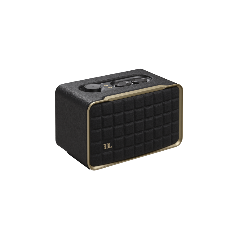 Black JBL portable wireless speaker with a textured front grille and gold-edged frame, shown from a diagonal view with top controls visible at the back edge.