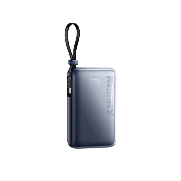 Slim blue-gray power bank with a black wrist strap looped at the top for easy carrying.