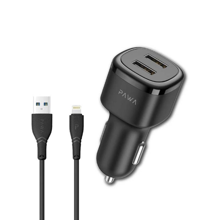Dual-port car charger with two cables (USB-A and Lightning) for in-car charging, showing a black adapter with a cigarette-lighter plug and a mounted USB port on top.