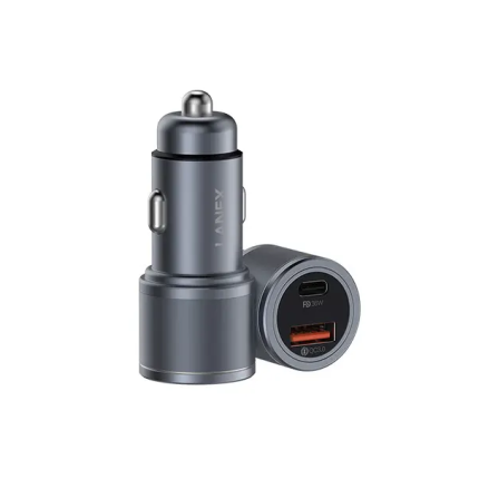 Metal cylindrical car charger plug with two USB ports for charging devices on the go.