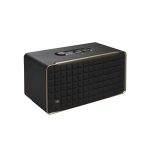 Black JBL portable speaker with a textured surface, gold trim, and control knobs on top (Bluetooth speaker)