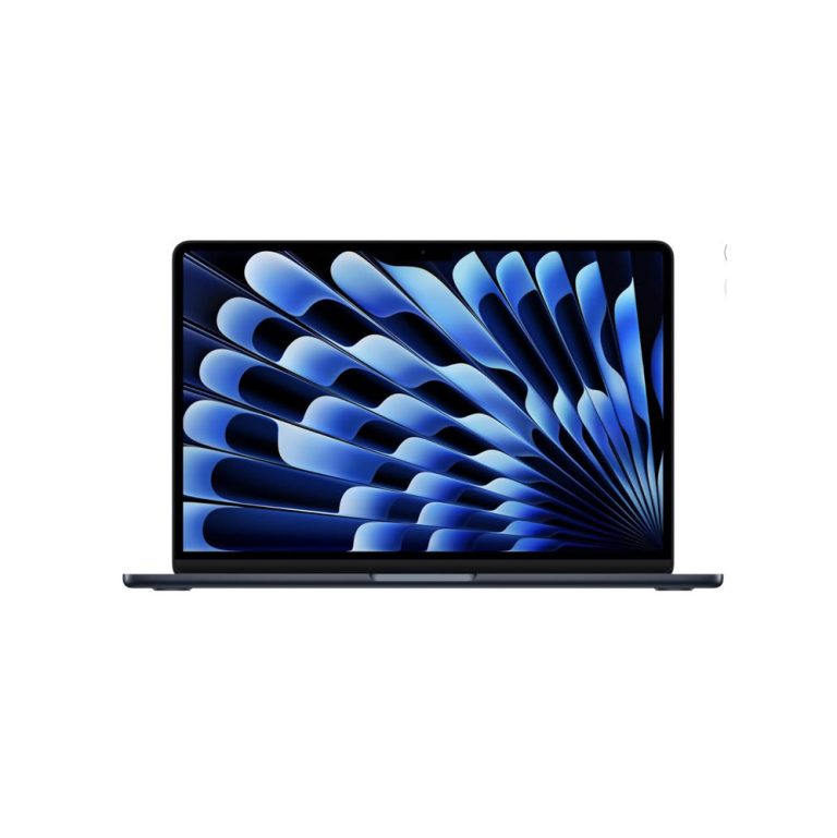 Slim laptop with blue abstract wallpaper on display on a white background.
