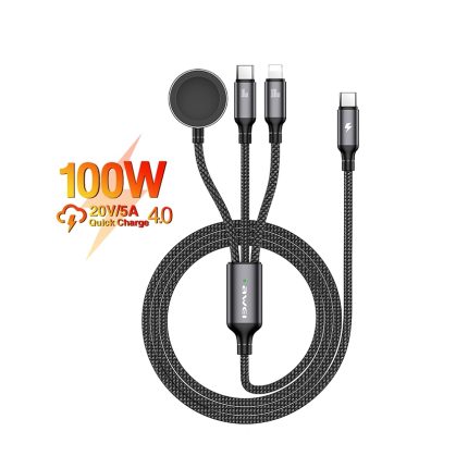 Braided multi-head charging cable with three connector tips (USB‑C, Lightning) and a circular magnetic charging pad; supports 100W quick charging (QC 4.0) with a power indicator on the strain relief hub.