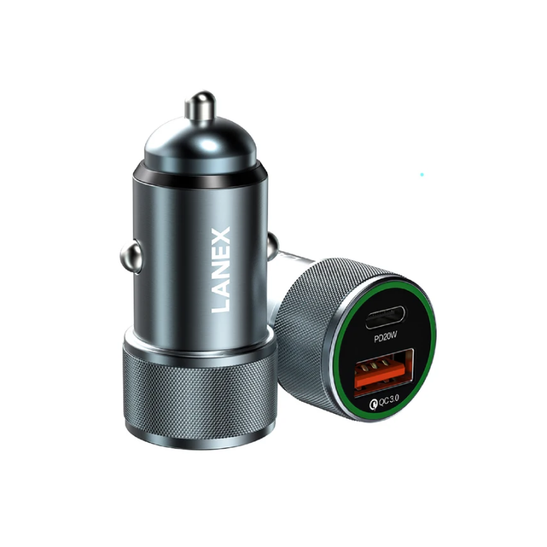 Lanex car charger adapter with USB-C PD 20W and USB-A QC 3.0 ports, metal cylindrical design (in-vehicle power port)